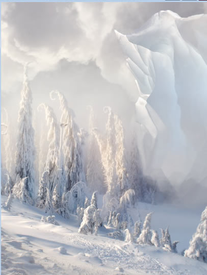 Christmas night, new year card, flying Santa Claus, fairy christmas landscape, snow scene, christmas trees, iceberg, night stars, moon light, santa's deers, christmas sleigh.